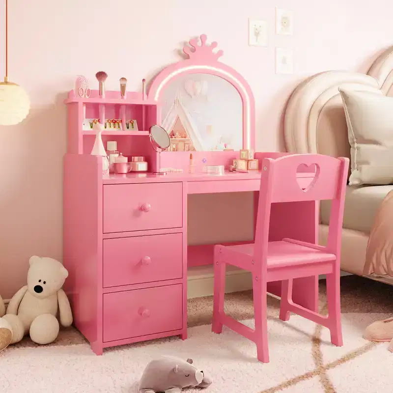 Kids Vanity Desk with Mirror and Lights, Princess Wooden Makeup Vanity with Chair, Storage Shelves and Drawers