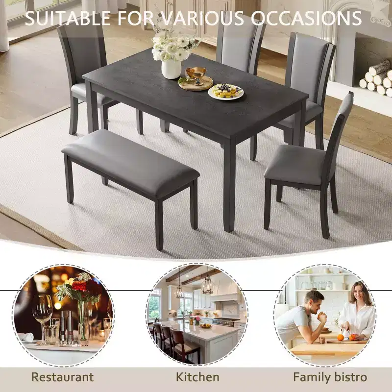 6-Piece Dining Table Set with Bench and Chairs, Wooden Dining Table Set for 6, Modern 6 Person Dining Table Set for Dining Room, Kitchen