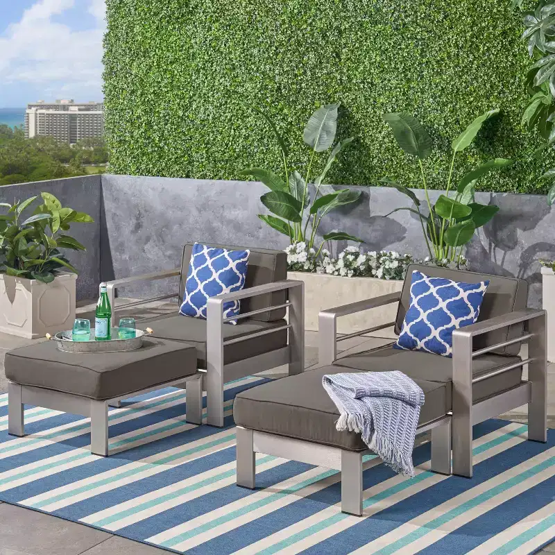 Christopher Knight Home Cape Coral Outdoor Aluminum 4 Piece Club Chair and Ottoman Set with Cushions, Khaki/Silver