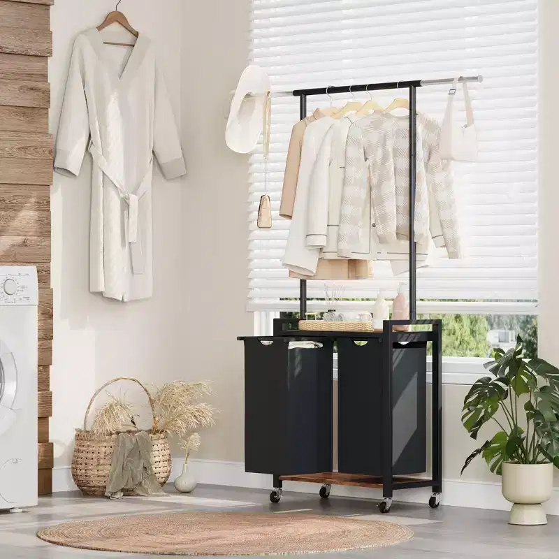 Rolling Laundry Cart with Hanging Rack & Utility Shelf | Laundry Sorter Hamper with Lockable Wheels | Laundry Basket Organizer