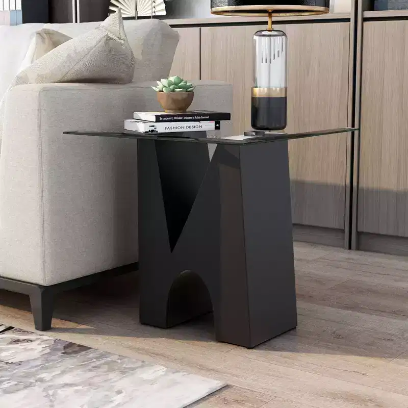 Modern Square End Table Clear/Black - Steel Frame, Tempered Glass Top