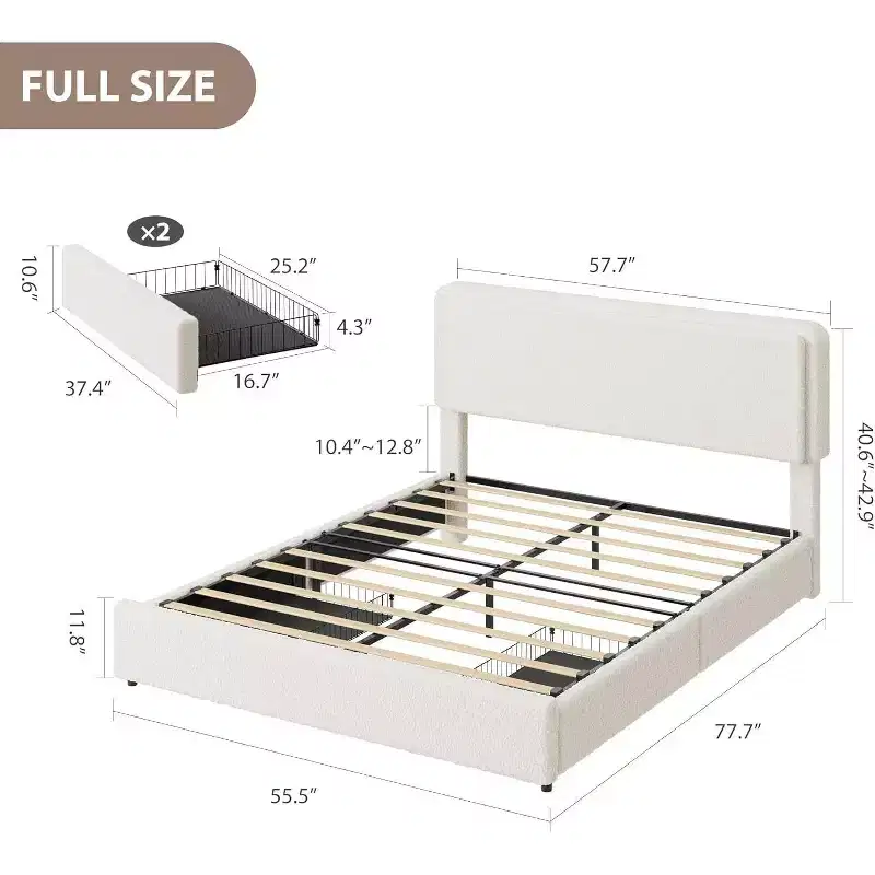 GuatoWave Soft Teddy Fleece Upholstered Platform Bed Frame with 2 Storage Drawer