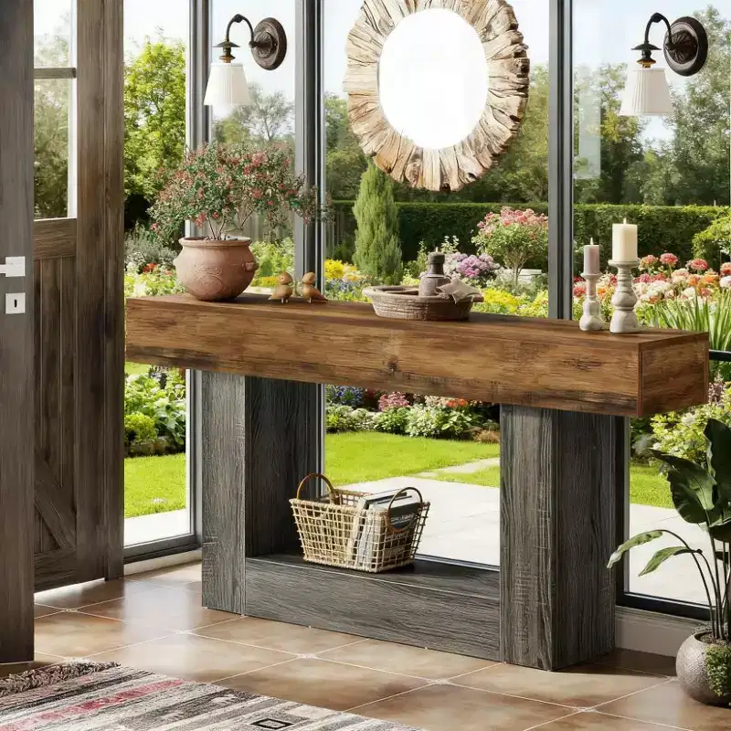 MDF Farmhouse Console Table with Lower Shelf 63''W x 32.28''H x 11.81''D