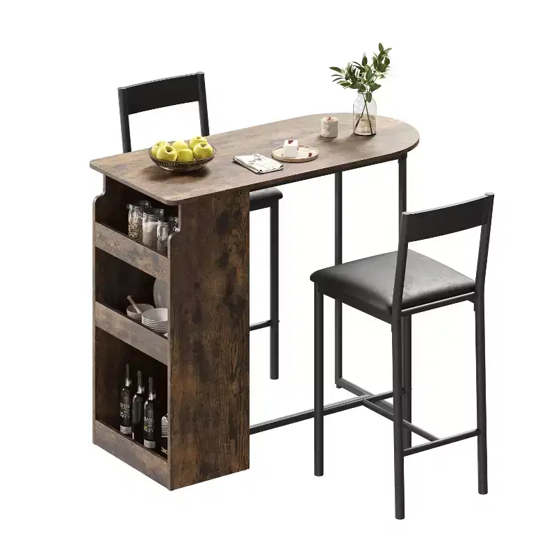 3-Piece Farmhouse Bistro Dining Table Set for 2 with Storage Shelves, Counter-Height Table & 2 PU Leather Chairs, Kitchen Dining Table Set