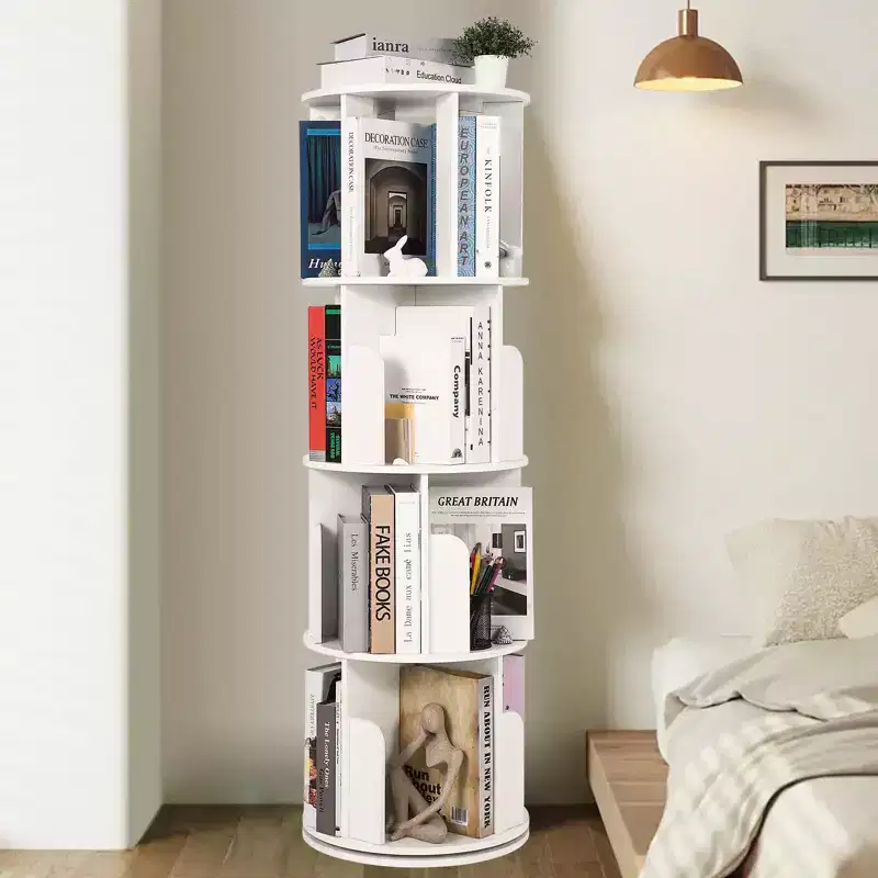 4 Tier Wooden Rotating Bookshelf, 360 Floor-Standing Bookcase and Multi-Functional Storage Organizer for Living Room, Kids, and Adults