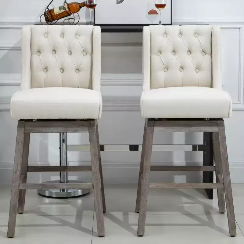 HOMCOM Bar Height Bar Stools Set of 2, 180 Degree Swivel Kitchen Island Stool, 30 Seat Height with Wood Footrests, Button Tufting