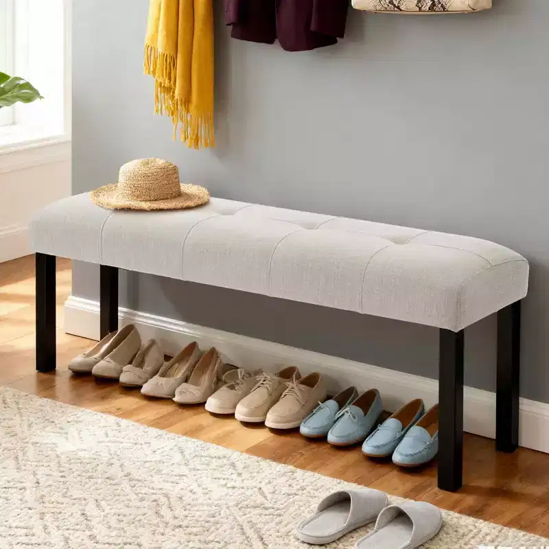 MAYEERTY Modern Tufted Linen Dining Bench, Black Rubber Wood Legs