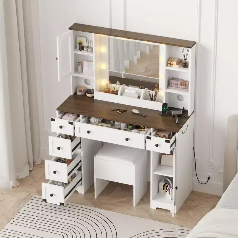 Makeup Vanity Desk, Adult Dressing Table Set, Vanity Desk with Lights Charging Station, Drawers, for Bathroom, Bedroom, White