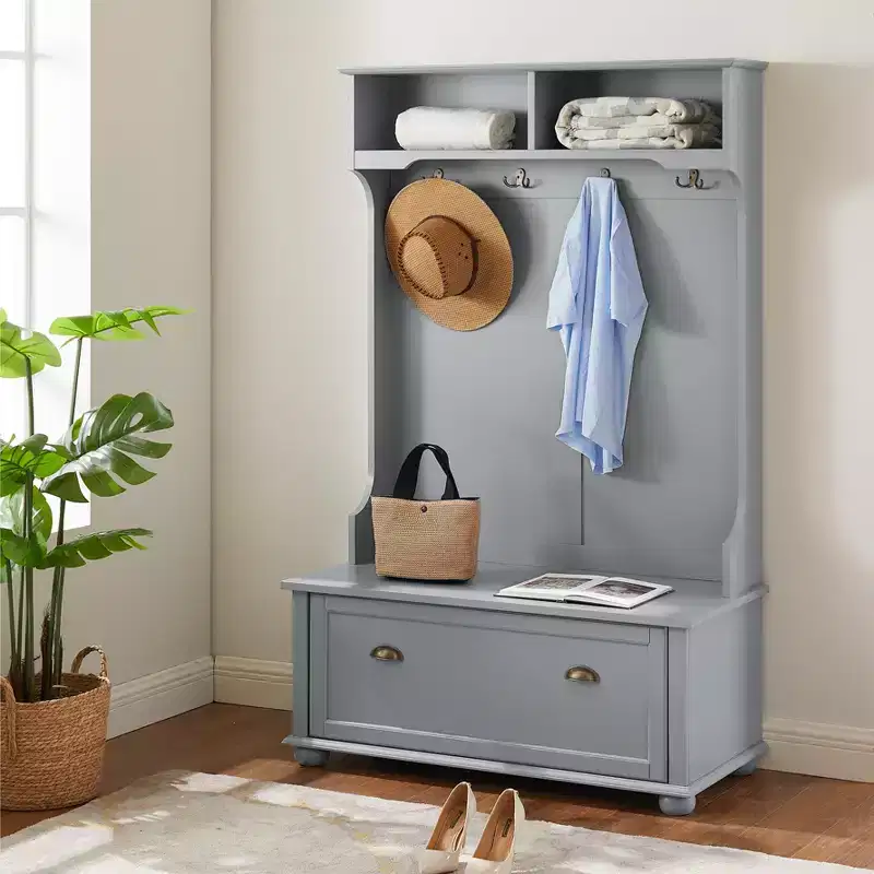 Hall Tree with Shoe Rack Bench, Coat Hooks, and Open Shelves for Entryway Storage and Organization