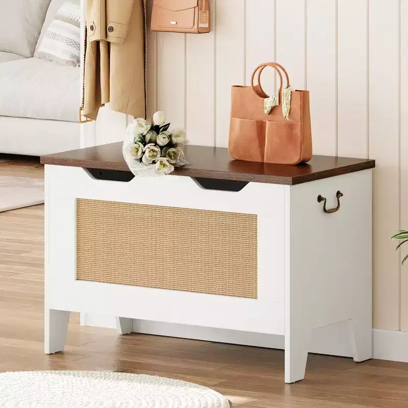 Storage Chest,Rattan Toy Chest,30 Wooden Storage Bench with Safety Hinge,Blanket Chest