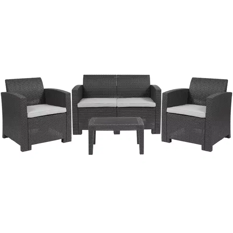 Flash Furniture 4 Piece Outdoor Faux Rattan Chair, Loveseat and Table Set