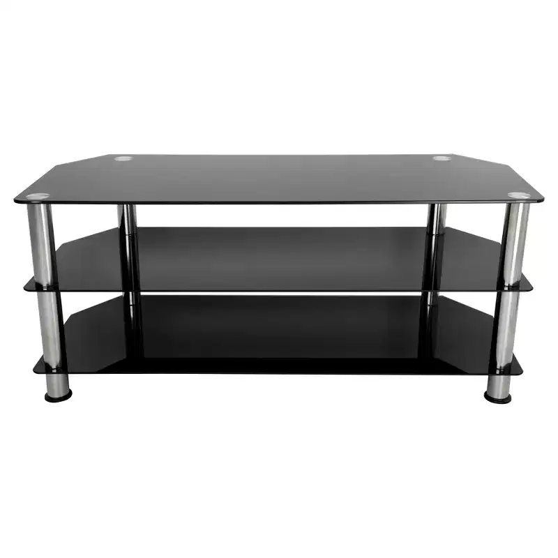 Glass Shelves TV Stand for TVs up to 55 - Silver/Black: Chrome Legs, Corner Fit, Open Design