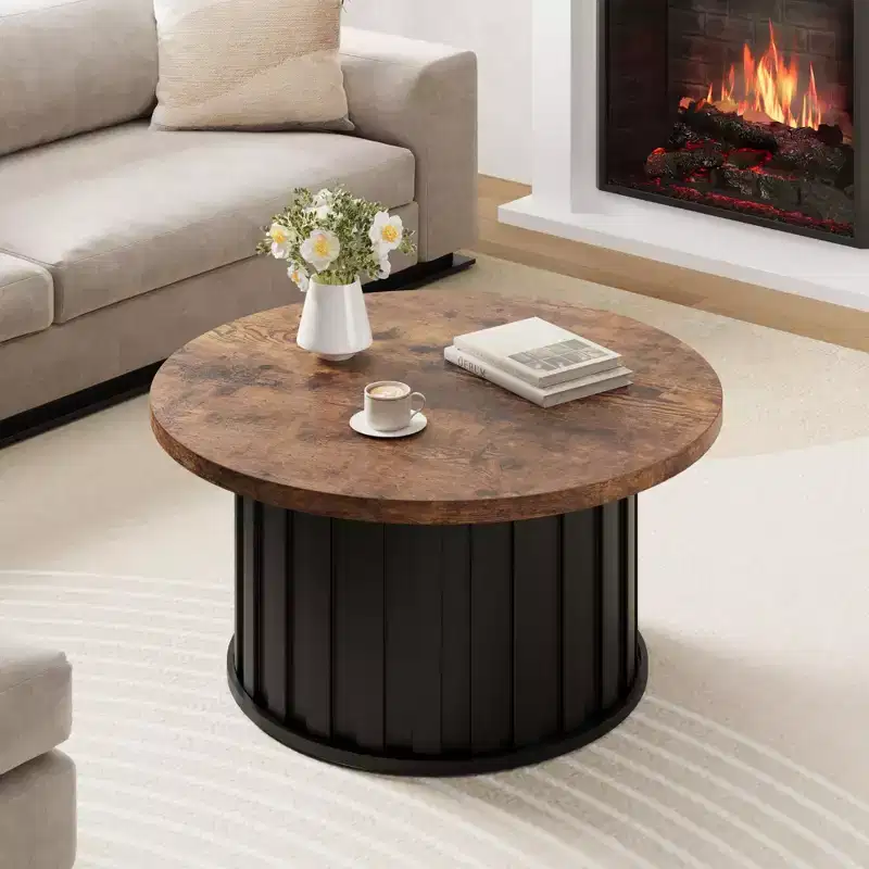 32 Coffee Table, Round Mid Century Coffee Table with Metal Base, Fluted Center Table for Living Room, Office, Apartment