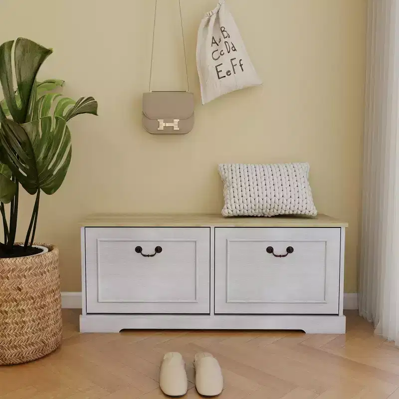17.71 in. H x 41.33 in. W Antique White Shoe Storage Bench with 2 Flip Drawers and Adjustable Shelves