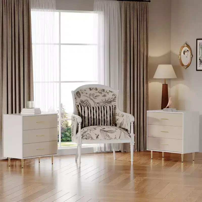 Modern White Chest of Drawers, 8 Drawer Dresser with Gold Handles and Legs, Wooden Nightstand with Linen-Textured Surface