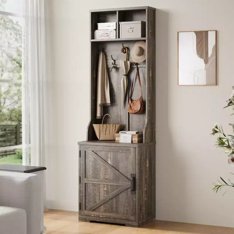4-in-1 Hall Tree, Entryway Bench with Coat Rack, Mudroom Bench with Storage Cubbys and 4 Hooks for Hallway