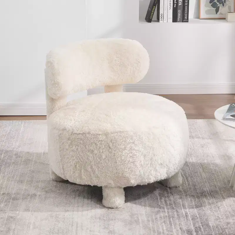 Upholstered Accent Chair Armless Side Chair with Curved Backrest, Teddy/Fur, White/Khaki - ModernLuxe