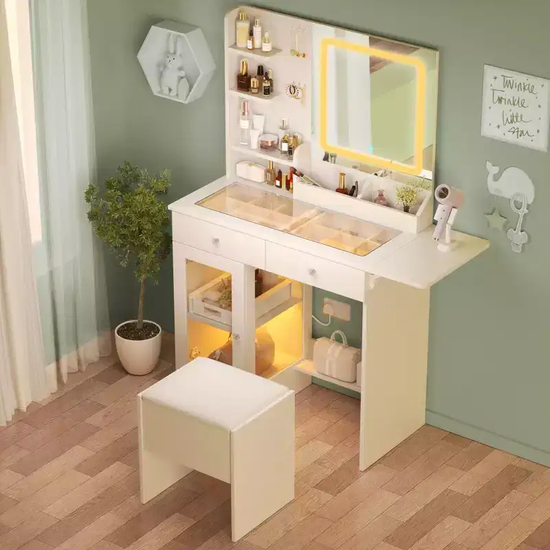 JVNOXK Vanity Desk Set with Lighted Mirror & Chair, Small Dressing Table with Glass Top, 2 USB Ports, Drawers & Storage Cabinet White