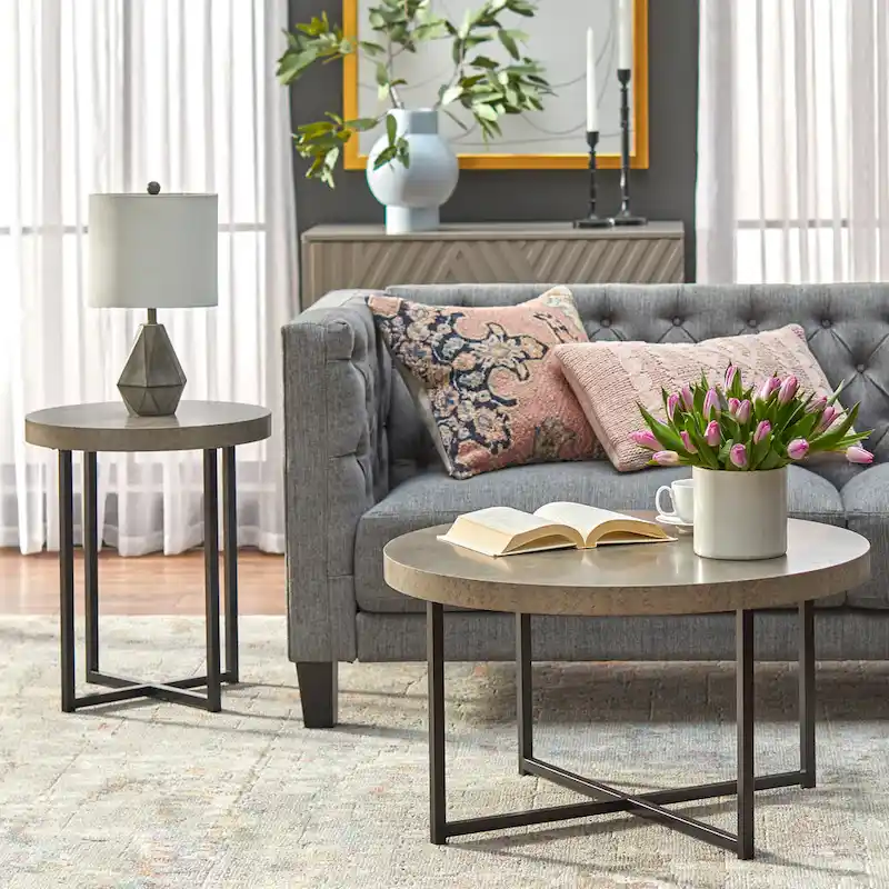 Industrial Style Coffee Table with Concrete-Look Top and Black Metal Frame