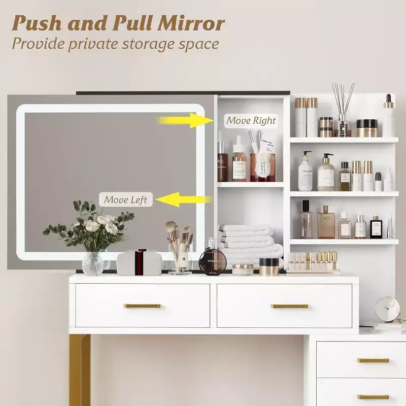 Vanity Desk with Mirror and Lights, Makeup Vanity Desk with Sliding Lighted Mirror, 3 Lighting Modes, 5 Large Drawers and 3 Tiers, for Bedroom, White