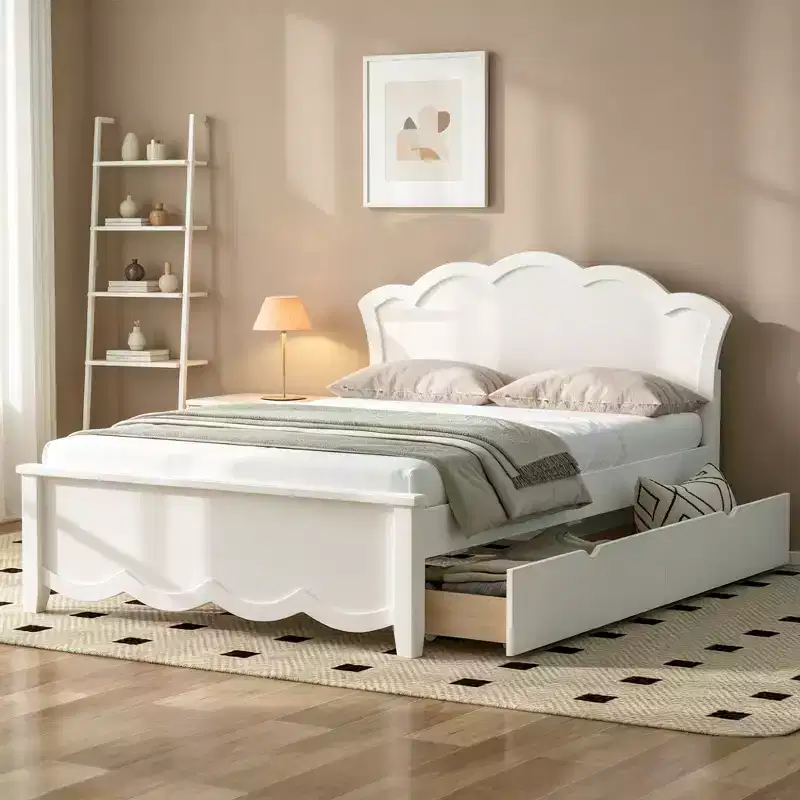 Modern Wood Platform Bed with Headboard and 2 Drawers, White