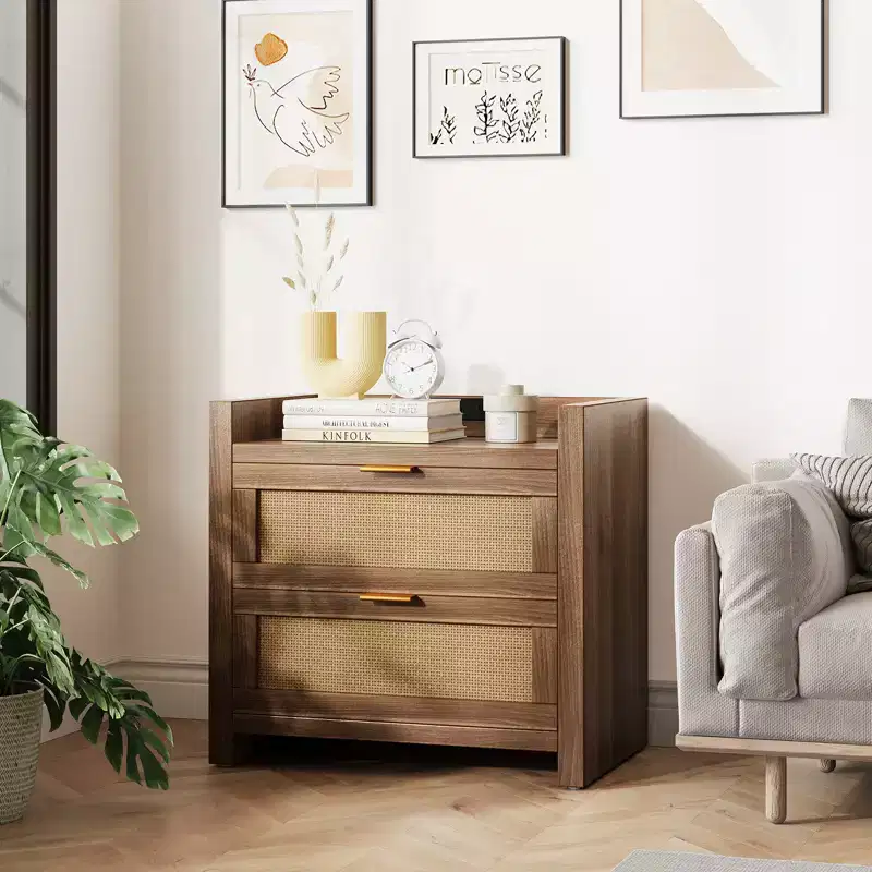 Set of 2 Rattan Nightstands with Charging Station, Boho Modern Bed Side Tables with 2 Drawers, Night Stand for Bedroom, Study & Living Room
