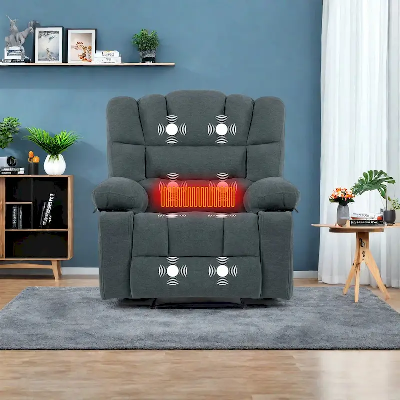 Grey Chenille Manual Recliner Chair with Massage, Heating, Cup Holders for 1 Person
