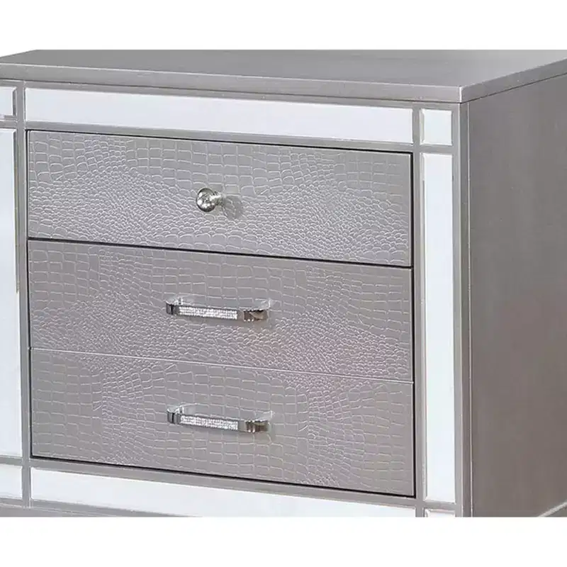 Royal Hampton Three Drawer Solid Wood Nightstand with Mirror Accent Trim Front, Silver