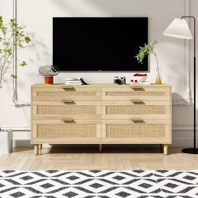 51.18/59.06W Rattan Dresser with 6 Drawers, Storage Cabinet with Metal Handle & Wood Legs - ModernLuxe