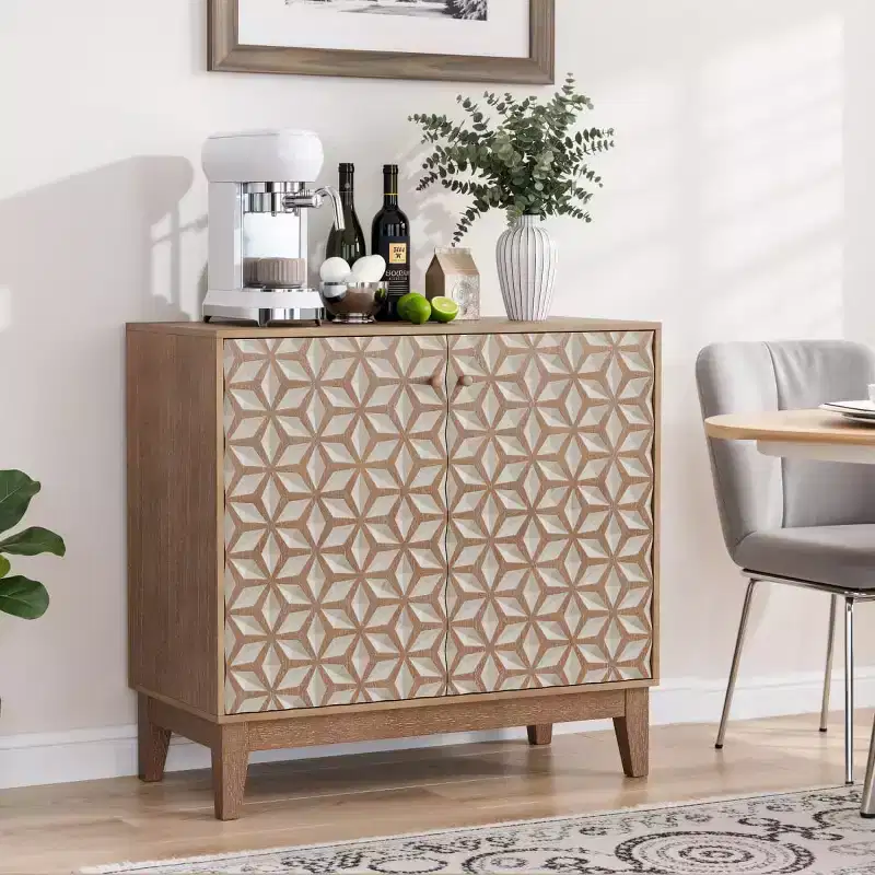 31.5 Rustic Accent Cabinet with Adjustable Shelves and Geometric Doors, Farmhouse Storage Cabinet for Living Room, Kitchen or Entryway