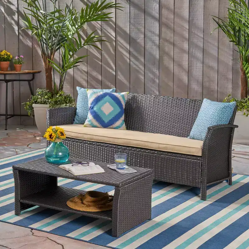 GDFStudio Raina Outdoor Wicker 3 Seater Sofa and Coffee Table with Water-Resistant Cushions