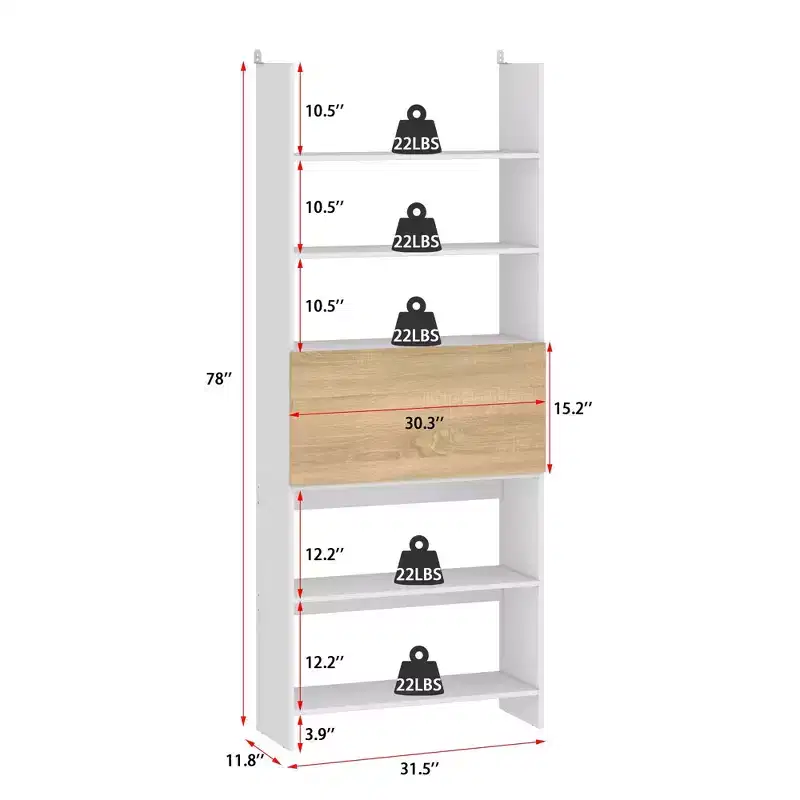 Famapy White Wall-Mounted Bookshelf & Display Rack with Hidden Drop-Down Desk & LED Lighting
