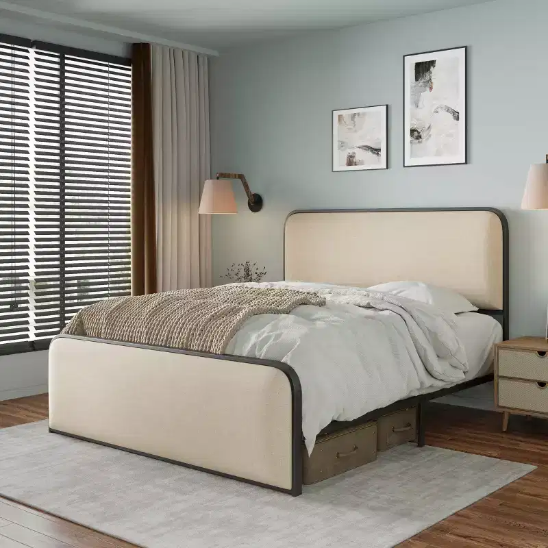 Queen/King Size Metal Platform Bed with Curved Upholstered Headboard and Footboard, Heavy Duty Metal Bed Frame for Bedroom