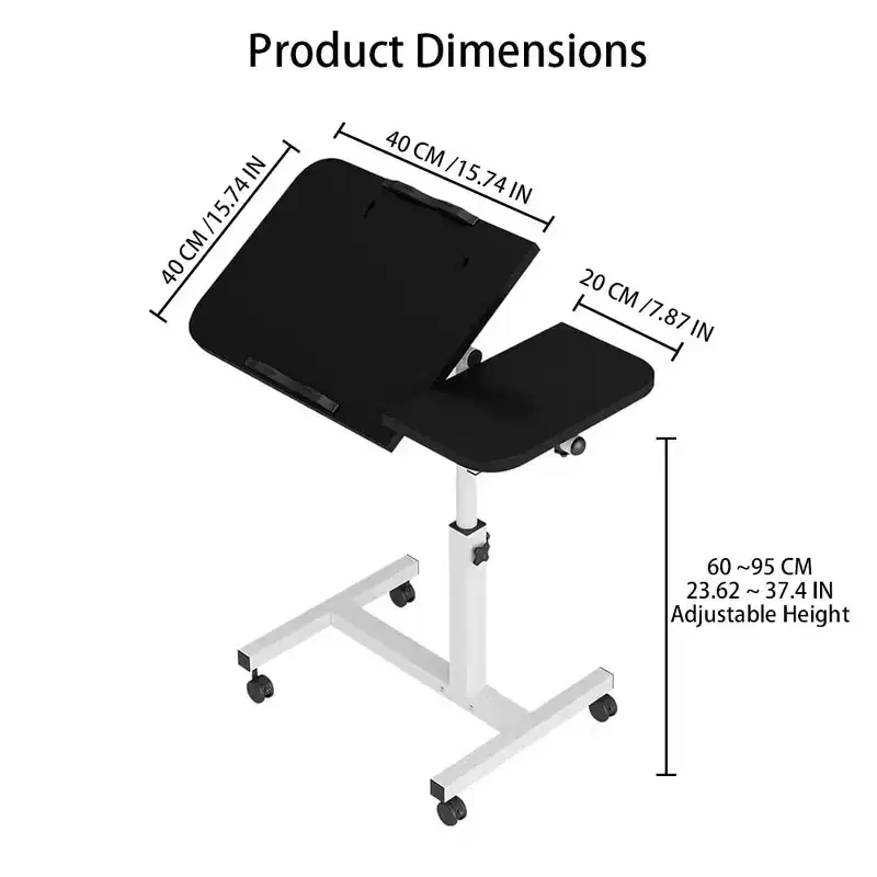 Black & White Height-Adjustable Rolling Side Table with Tilting Top, Single User