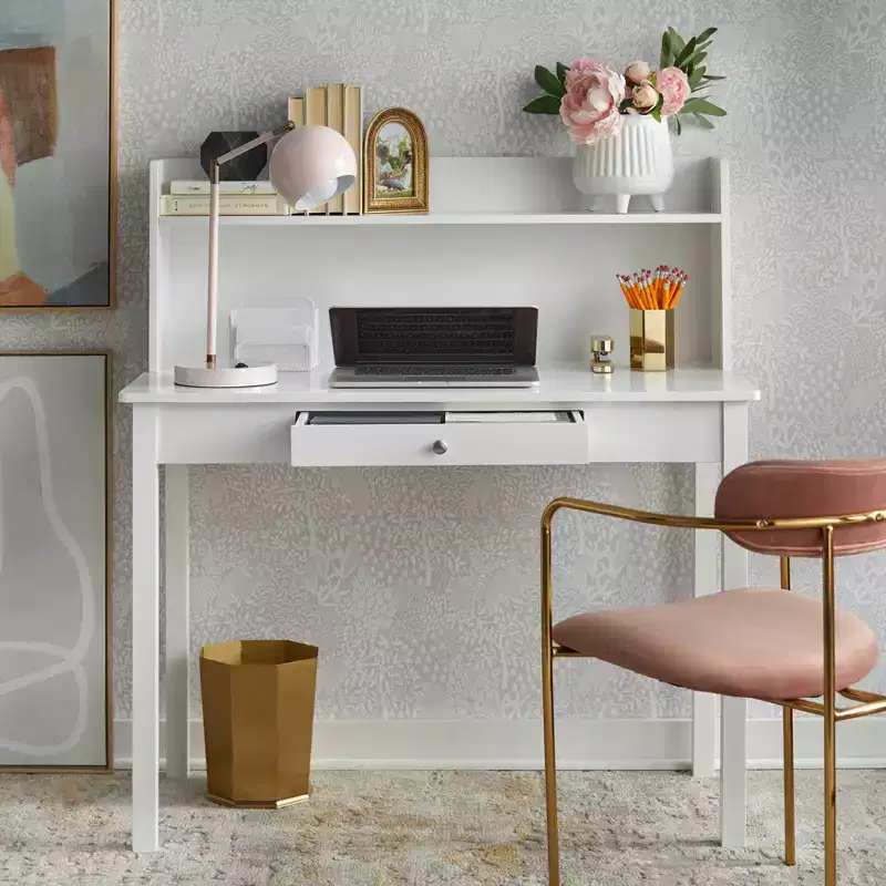Compact Design Desk with Hutch White