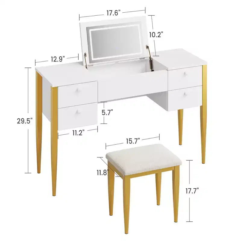 47 Makeup Vanity Desk with Flip Top Mirror, 3 Lighting Mode, 3 in 1 Vanity Table with 5 Drawers, Make Up Vanity Set with Chair for Bedroom