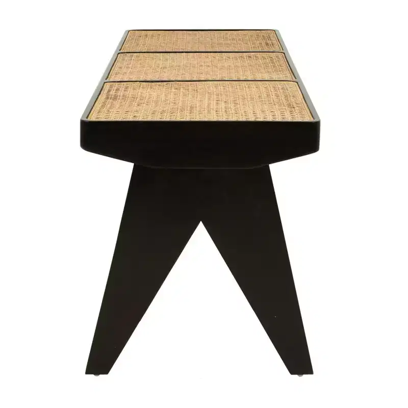 Bench Black: Handwoven Rattan, Mango Wood Base, Rectangle Shape, Unupholstered