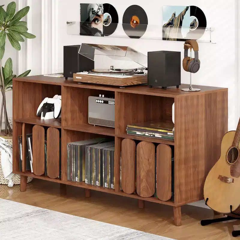 Modern 55 Wood Media Console w/ Charging Station, Power Outlets & 2 USB  Vinyl Record Storage, Mid-Century, Open Shelves  Natural Wood
