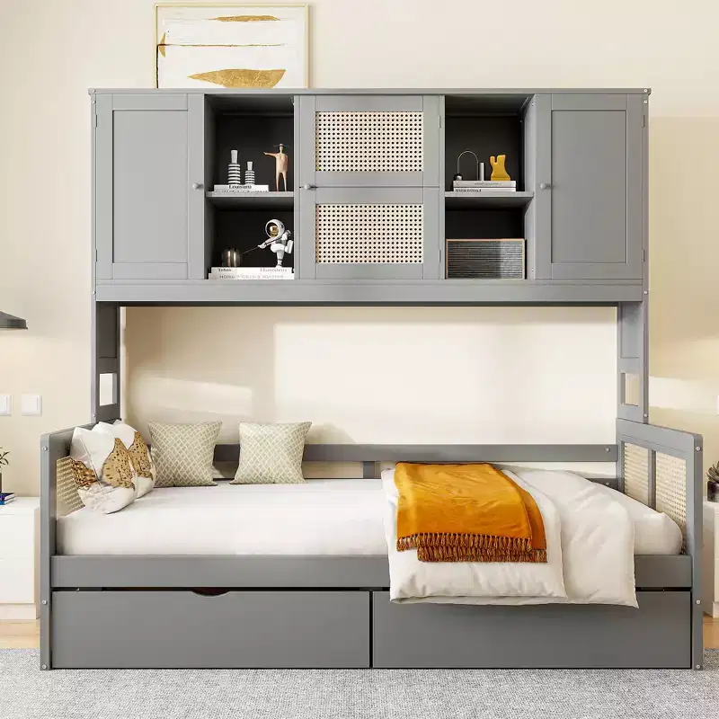 Twin/Full Daybed with Storage Bookcase, Wooden Day Bed with Storage Cabinets and Shelves