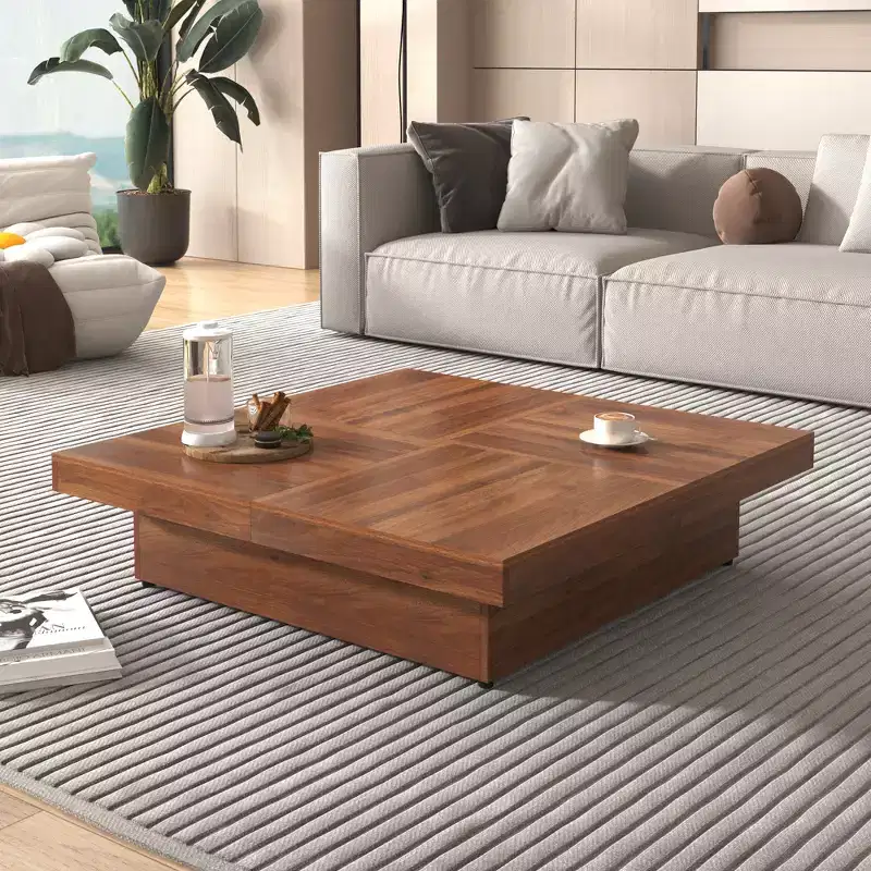 39W Square Coffee Table Cocktail Table Center Table with Sliding Top, Storage Space and White Marble Veneer/Walnut Grain Veneer-ModernLuxe