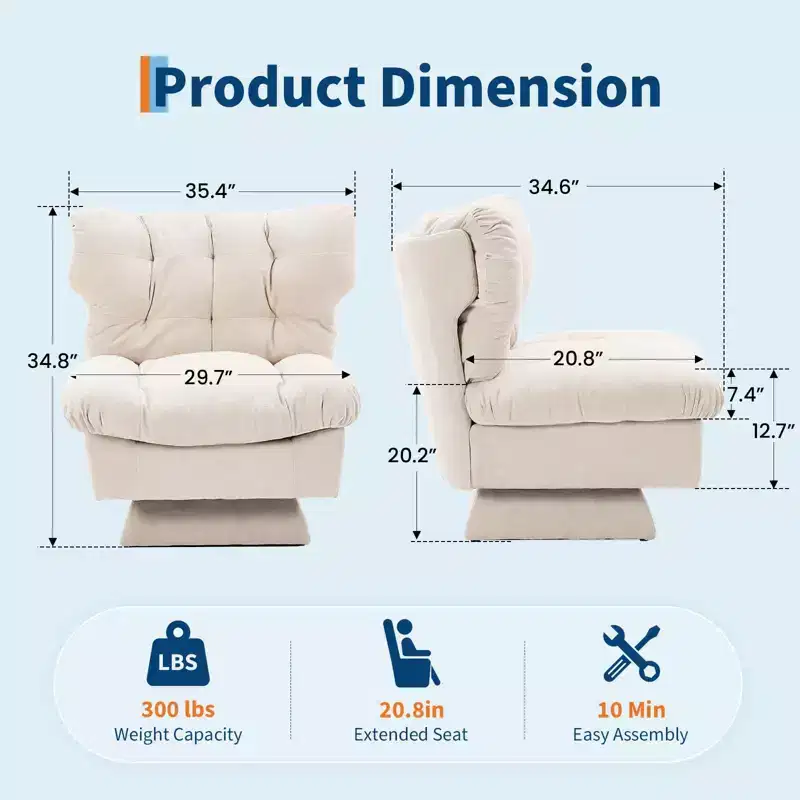 360 Swivel Accent Chair, Chenille Upholstered Reading Lounge Chair with Thick Cushion for Living Room or Bedroom