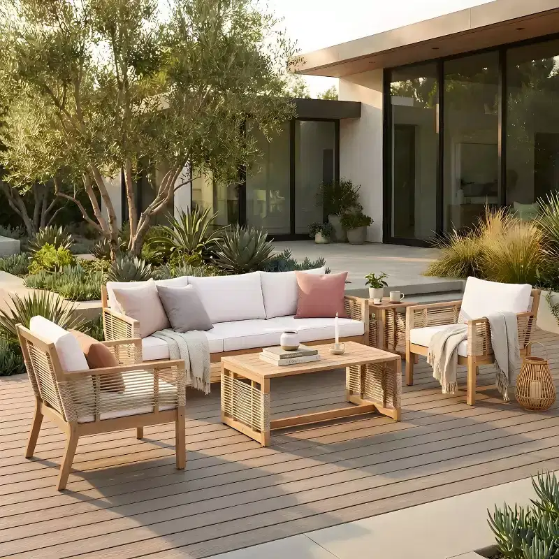 5-Piece Outdoor Patio Sofa Set, Acacia Wood Conversation Set with 3-Seater Sofa, 2 Chairs & 2 Coffee Tables for Backyard, Poolside-Panipeachy