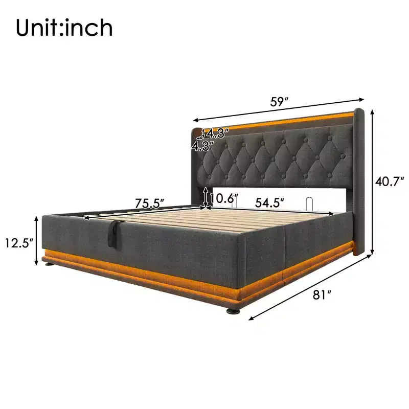 Bellemave Full Upholstered Platform Bed with 360 Surround LED Function,Upholstered Platform Bed Frame with USB Type-C charging, Gray