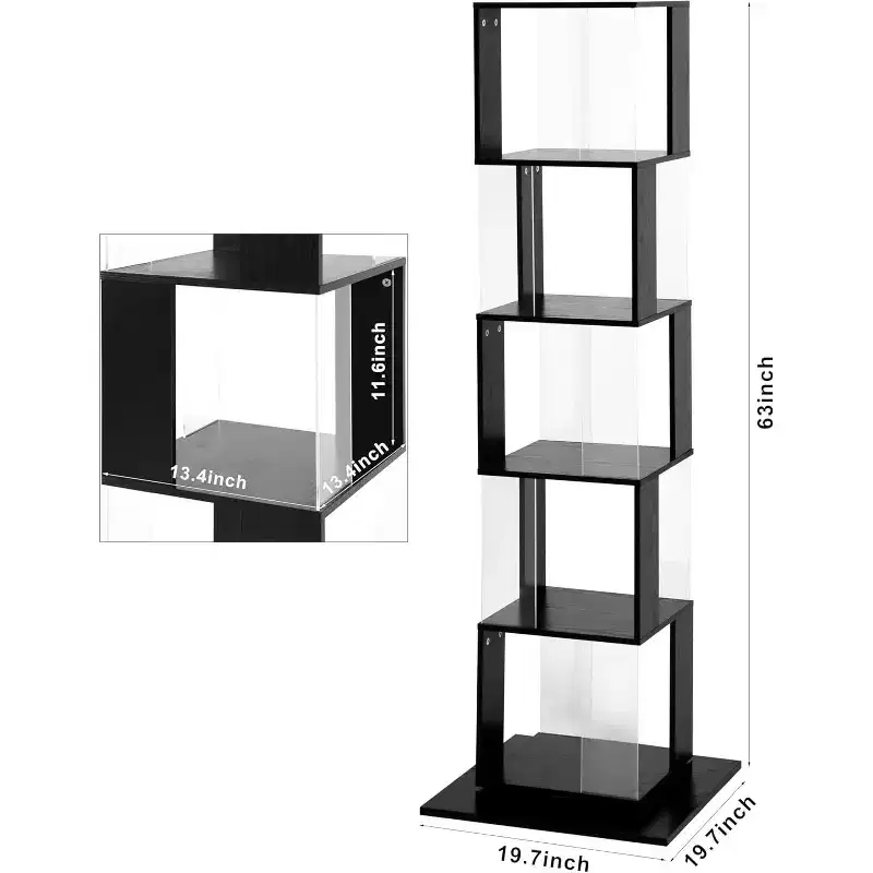 6-Tier 360 Rotating Bookcase, Narrow Wood Shelf with Acrylic Panels, Floor Organizer for Bedroom, Living Room, Study