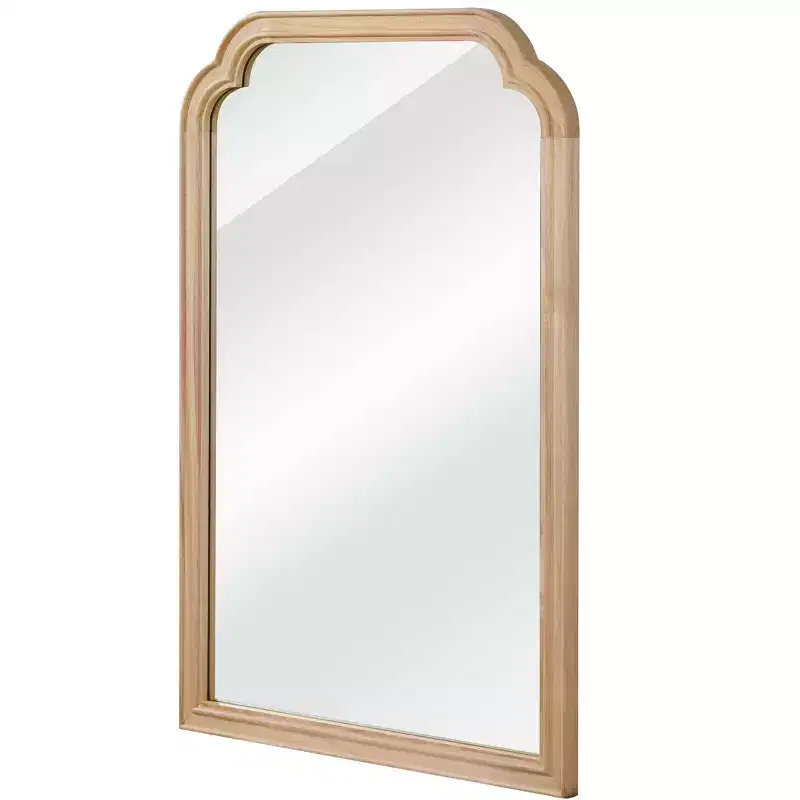 Natural Wood Color 24 x 36 Solid Wood Frame Rounded Corner Decorative Mirror, For Bedroom, Bathroom, Living Room, Entryway