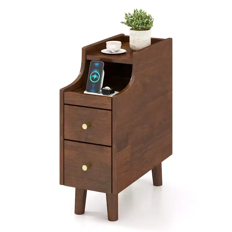 Solid Wood End Table w/ Pull-out Tray & 2 Storage Drawers Cable Management