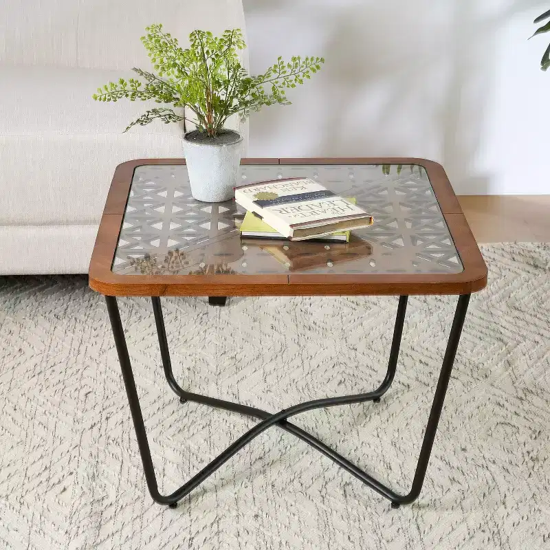 Tempered Glass Square Coffee Table 23''W x 23''D with Geometric Base