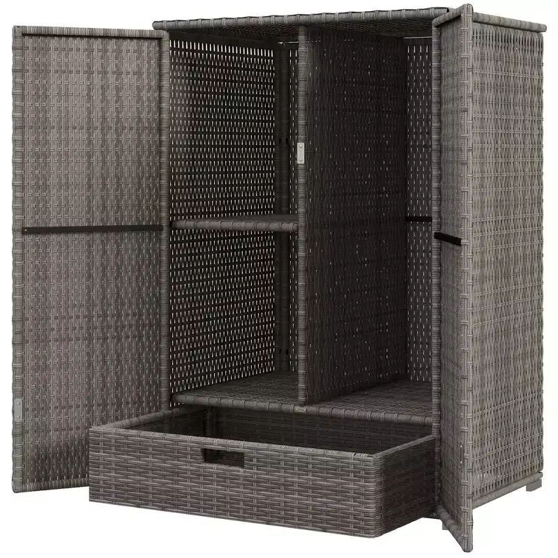 Outdoor Storage Cabinet with Shelves, Rattan Pool Towel Storage Cabinet with Removable Shelf & Drawer, Dark Gray