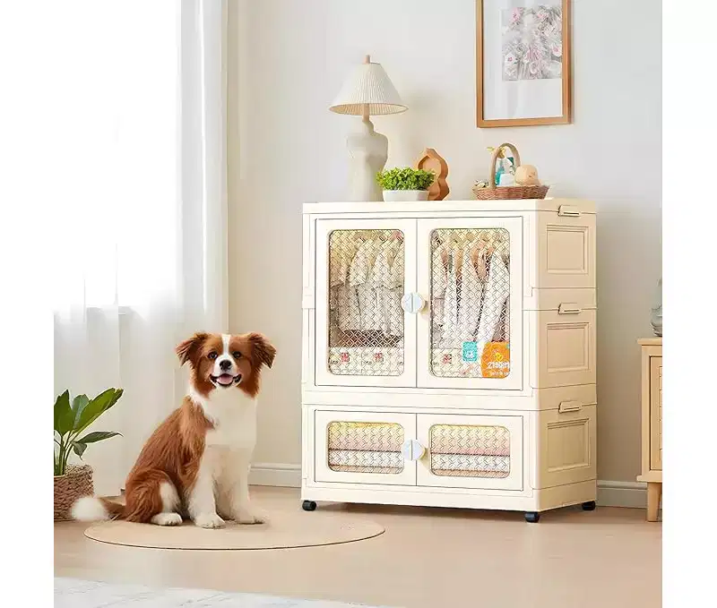 Stackable Storage Dog Closet with Lid for Living RoomCollapsible Storage Bins with Wheels,2 Tier Wardrobe Closet with Transparent Doors