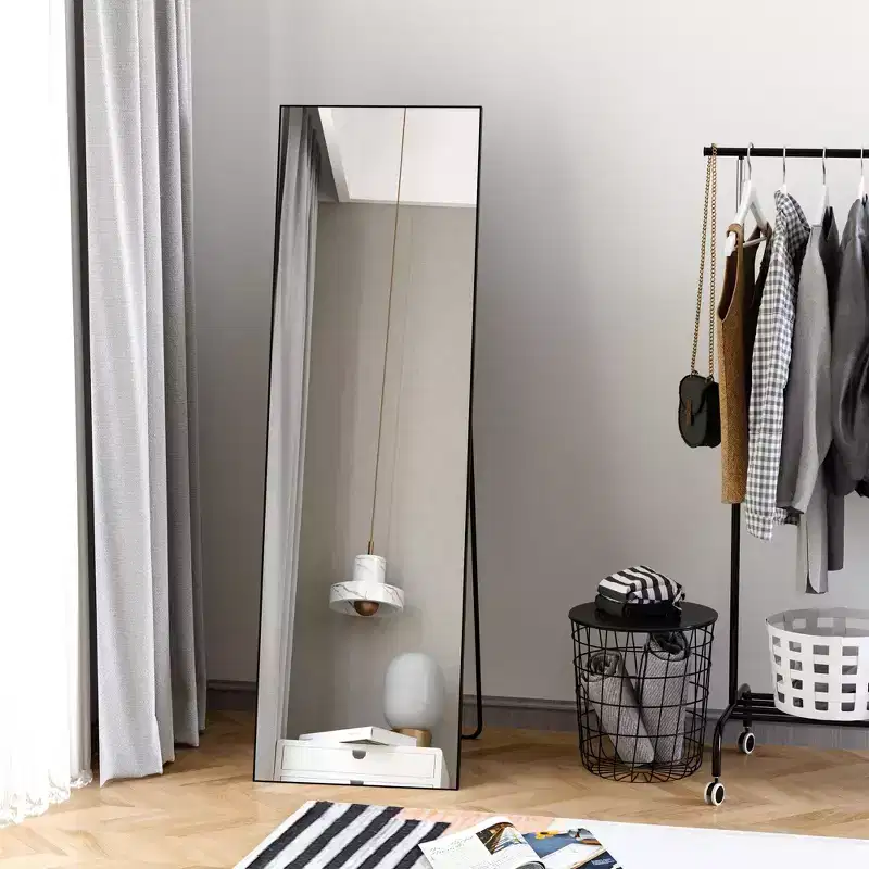 Okak 63.5*19.75IN Aluminum Full Body Mirror with Metal Stand, Wall Mirror with Hanging Holes, Floor Mirror for Clothing Store, Dressing Room, Black